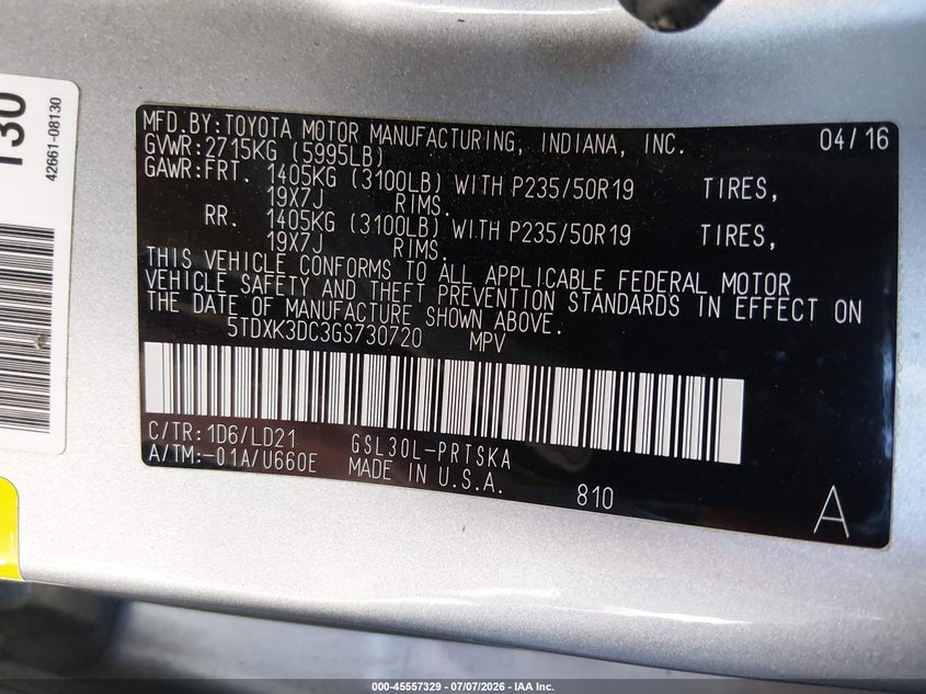 2016 Toyota Sienna VIN 5TDXK3DC3GS730720 IAAI salvage auction — REAR END, Salvage (California), sold $4,900 on 2026-07-30 (photo 9)