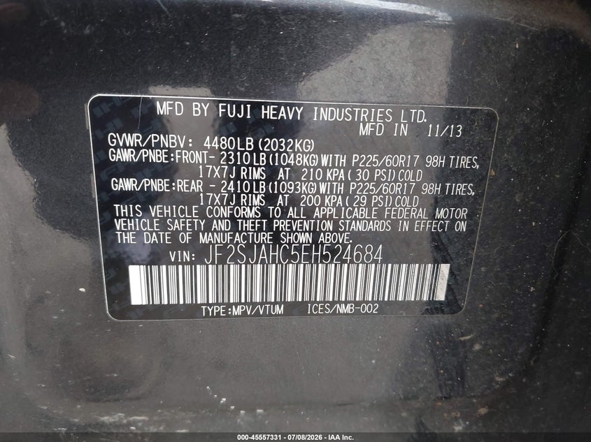 2014 Subaru Forester VIN JF2SJAHC5EH524684 IAAI salvage auction — RIGHT FRONT, Salvage Title, sold $1,450 on 2026-07-29 (photo 9)