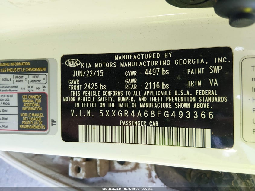 2015 Kia Optima VIN 5XXGR4A68FG493366 IAAI salvage auction — FRONT END, Non-Repairable (Arizona), sold $200 on 2026-07-28 (photo 9)