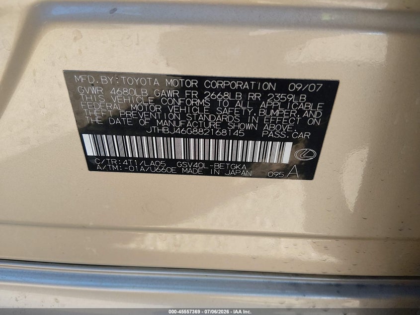 2008 Lexus Es 350 VIN JTHBJ46G882168145 IAAI salvage auction — NORMAL WEAR, Clear - Dealer Only (California), sold $725 on 2026-07-19 (photo 9)