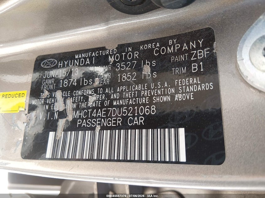 2013 Hyundai Accent VIN KMHCT4AE7DU521068 IAAI salvage auction — NORMAL WEAR, Clear - Dealer Only (California), sold $700 on 2026-07-29 (photo 9)