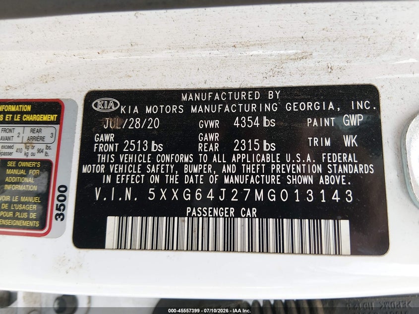 2021 Kia K5 VIN 5XXG64J27MG013143 IAAI salvage auction — FRONT END, Salvage Title, sold $3,000 on 2026-07-29 (photo 9)