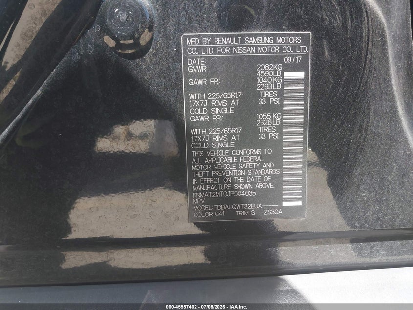 2018 Nissan Rogue VIN KNMAT2MT0JP504035 IAAI salvage auction — REAR END, Salvage Title, sold $2,900 on 2026-07-22 (photo 9)