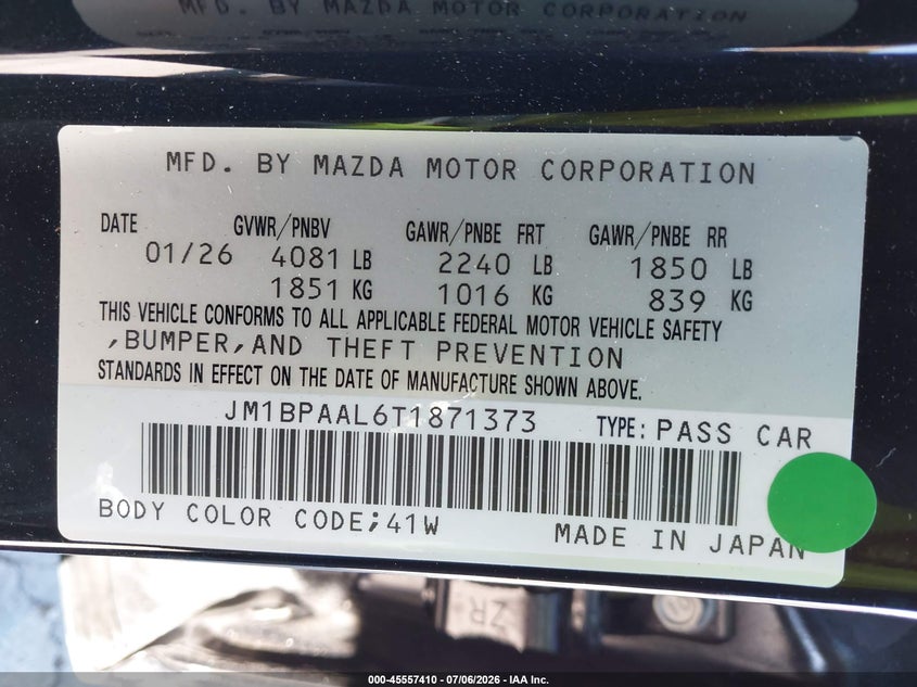 2026 Mazda 3 VIN JM1BPAAL6T1871373 IAAI salvage auction — SIDE, Salvage Title, sold $8,300 on 2026-08-22 (photo 9)