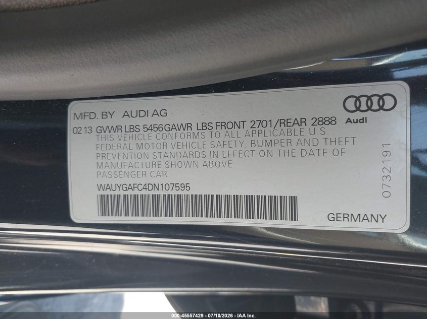 2013 Audi A7 VIN WAUYGAFC4DN107595 IAAI salvage auction — REAR END, Salvage Title, sold $975 on 2026-07-29 (photo 9)