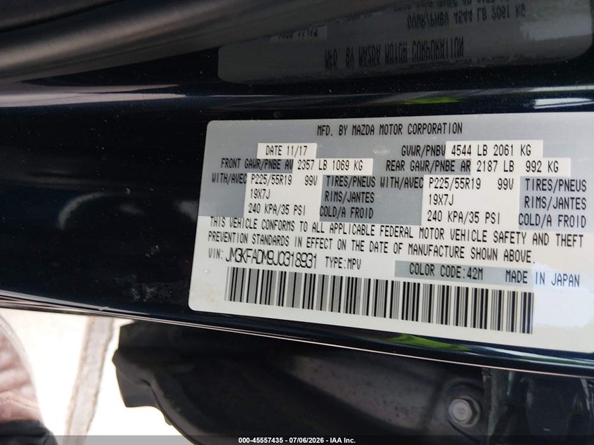 2018 Mazda Cx-5 VIN JM3KFADM9J0318931 IAAI salvage auction — FRONT END, Original (Texas), sold $5,350 on 2026-07-17 (photo 9)