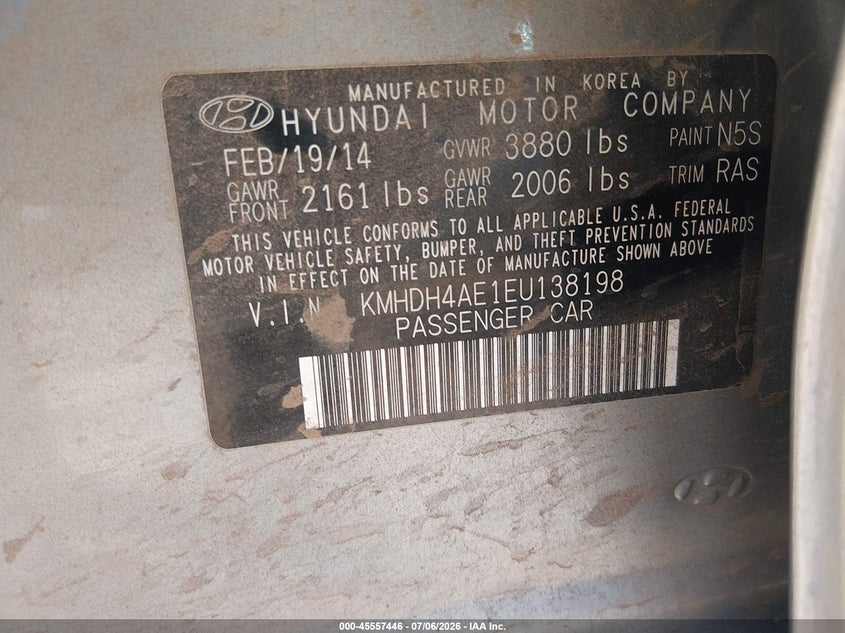 2014 Hyundai Elantra VIN KMHDH4AE1EU138198 IAAI salvage auction — NORMAL WEAR, Clear-Dealer Only (Arizona), sold $900 on 2026-07-28 (photo 9)