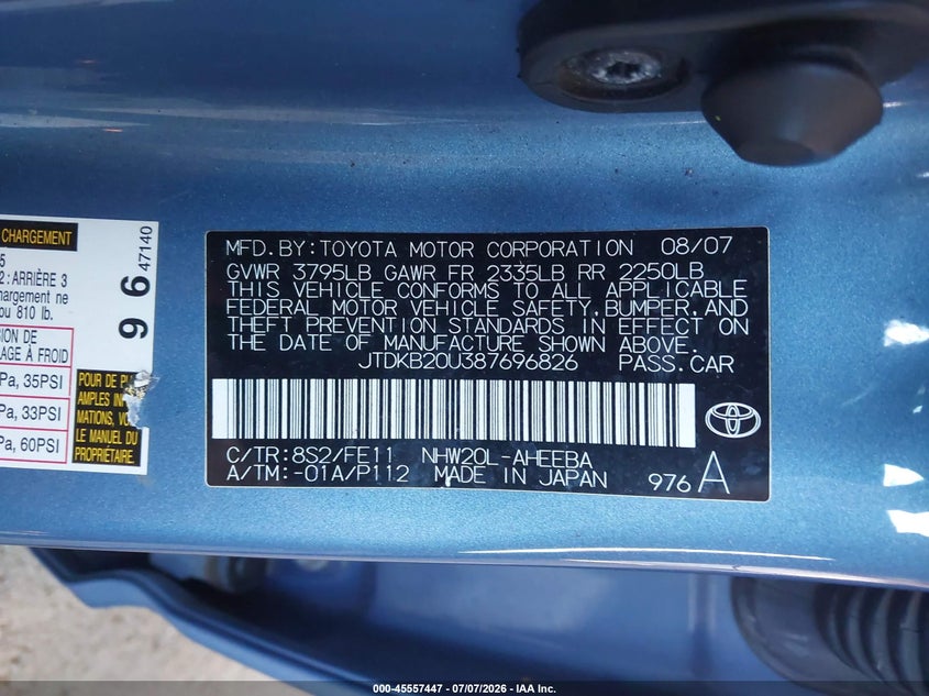 2008 Toyota Prius VIN JTDKB20U387696826 IAAI salvage auction — UNDERCARRIAGE, Salvage (California), sold $800 on 2026-07-28 (photo 9)