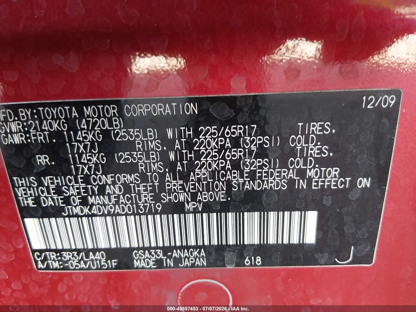 2010 Toyota Rav4 VIN JTMDK4DV9AD013719 IAAI salvage auction — FRONT END, Salvage (Arizona), sold $2,550 on 2026-07-28 (photo 9)