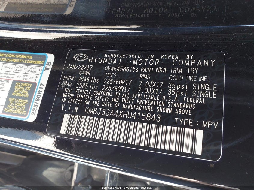 2017 Hyundai Tucson VIN KM8J33A4XHU415843 IAAI salvage auction — NORMAL WEAR, Clear (Illinois), sold $1,700 on 2026-07-13 (photo 9)