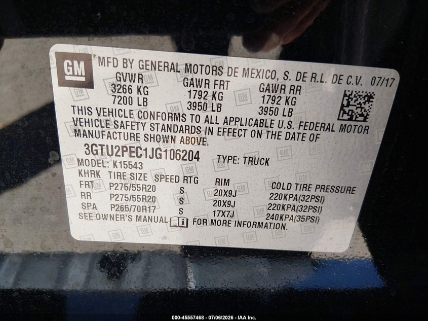 2018 Gmc SIERRA VIN 3GTU2PEC1JG106204 IAAI salvage auction — RIGHT FRONT, Salvage (Arizona), sold $9,975 on 2026-07-22 (photo 9)