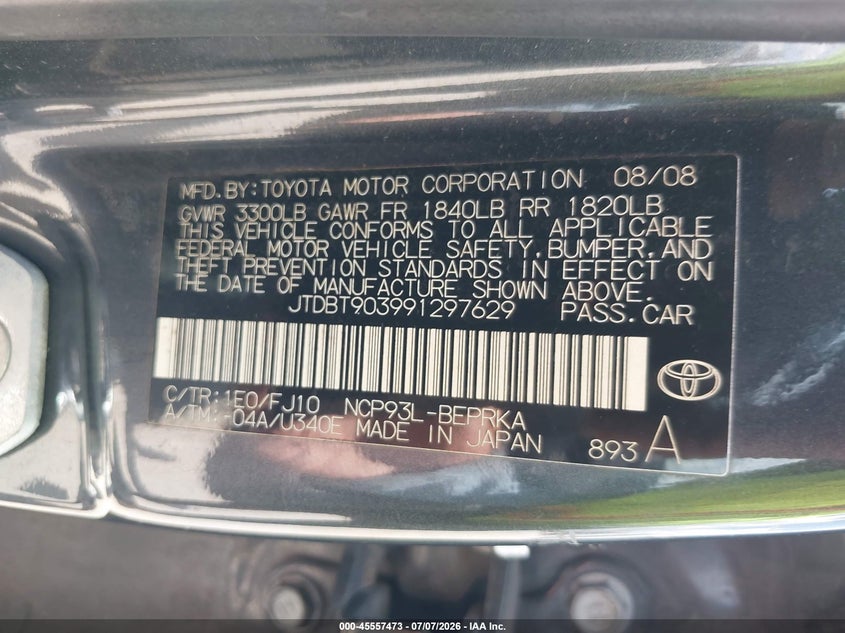 2009 Toyota Yaris VIN JTDBT903991297629 IAAI salvage auction — NORMAL WEAR, Clear (Montana), sold $1,125 on 2026-08-01 (photo 9)