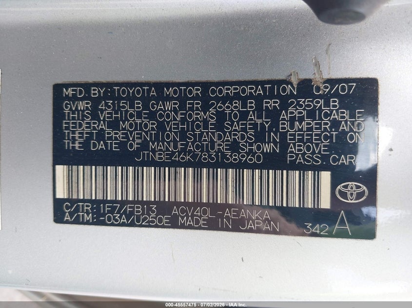 2008 Toyota Camry VIN JTNBE46K783138960 IAAI salvage auction — NORMAL WEAR, Clear (Hawaii), sold $100 on 2026-07-14 (photo 9)