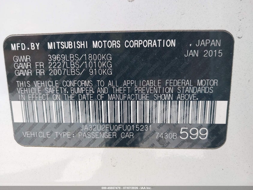 2015 Mitsubishi Lancer VIN JA32U2FU0FU015231 IAAI salvage auction — REAR END, Salvage Title, sold $1,025 on 2026-07-15 (photo 9)
