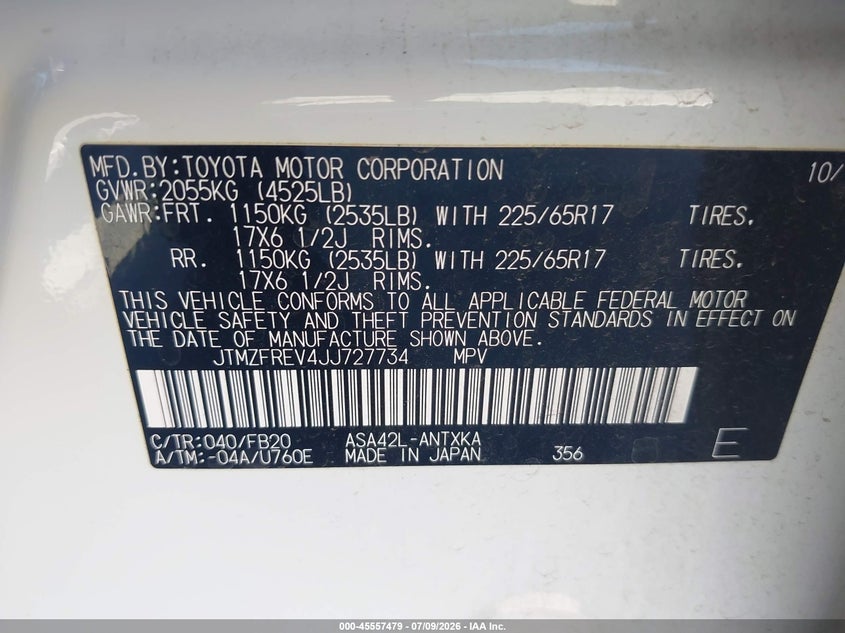 2018 Toyota Rav 4 VIN JTMZFREV4JJ727734 IAAI salvage auction — RIGHT FRONT, Salvage (California), sold $100 on 2026-07-29 (photo 9)