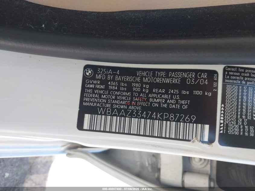 2004 BMW 3 series VIN WBAAZ33474KP87269 IAAI salvage auction — NORMAL WEAR, Clear - Dealer Only (California), sold $975 on 2026-07-14 (photo 9)