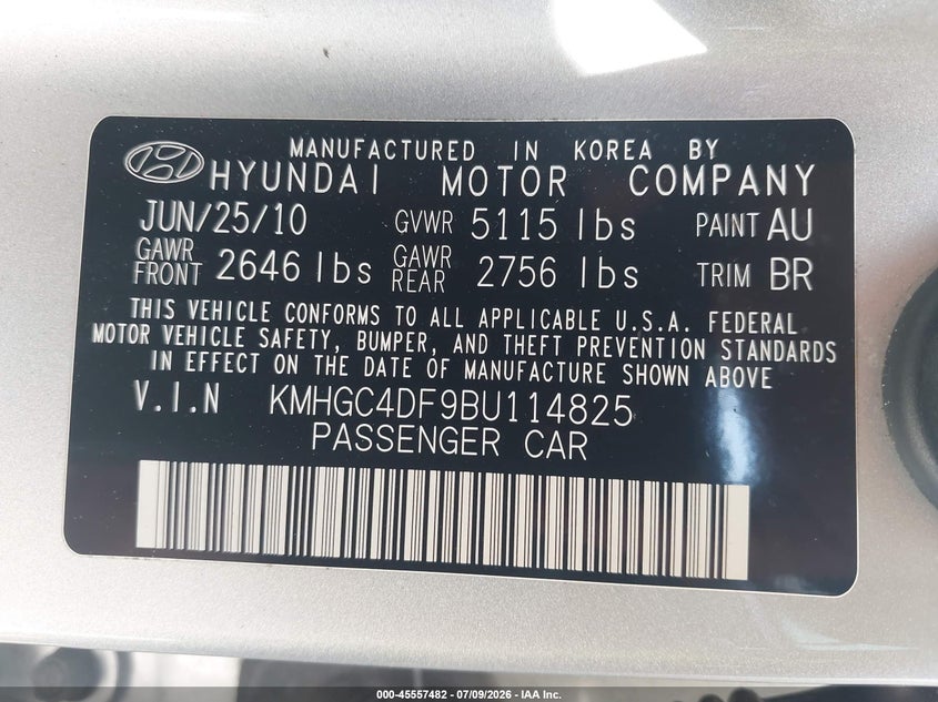 2011 Hyundai Genesis VIN KMHGC4DF9BU114825 IAAI salvage auction — LEFT FRONT, Rebuildable (Florida), sold $400 on 2026-07-29 (photo 9)