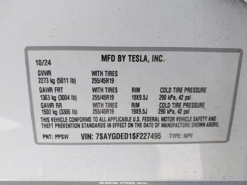 2025 Tesla Model y VIN 7SAYGDED1SF227495 IAAI salvage auction — SIDE, Salvage Title, sold $25 on 2026-07-30 (photo 9)