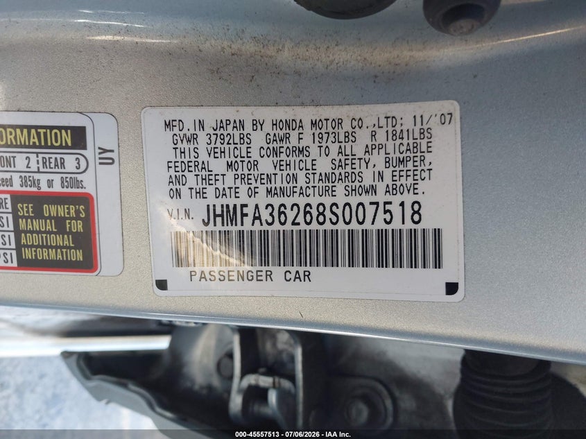 2008 Honda Civic hybrid VIN JHMFA36268S007518 IAAI salvage auction — FRONT END, Salvage (California), sold $650 on 2026-07-24 (photo 9)