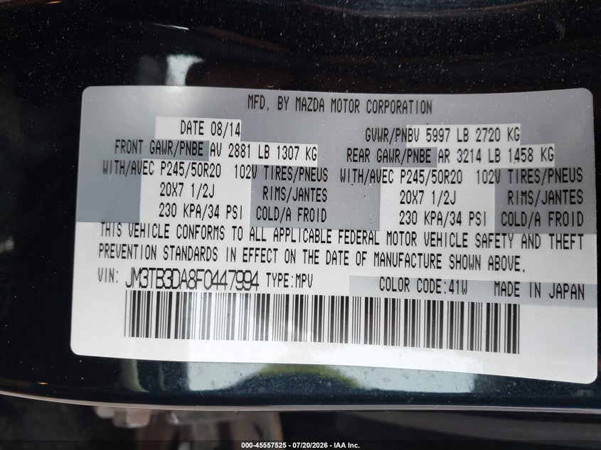 2015 Mazda Cx-9 VIN JM3TB3DA8F0447994 IAAI salvage auction — NORMAL WEAR, Clear (North Carolina), sold $525 on 2026-07-24 (photo 9)