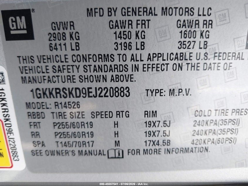 2014 Gmc Acadia VIN 1GKKRSKD9EJ220883 IAAI salvage auction — SIDE, Salvage Title, sold $1,950 on 2026-07-23 (photo 9)