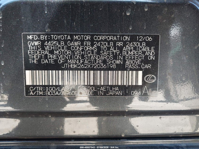 2007 Lexus Is 250 VIN JTHBK262X72036198 IAAI salvage auction — LEFT REAR, Salvage (California), sold $650 on 2026-07-29 (photo 9)