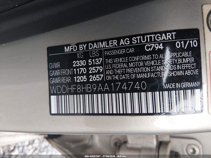2010 Mercedes-benz E-class VIN WDDHF8HB9AA174740 IAAI salvage auction — NORMAL WEAR, Clear (Pennsylvania), sold $775 on 2026-07-17 (photo 9)