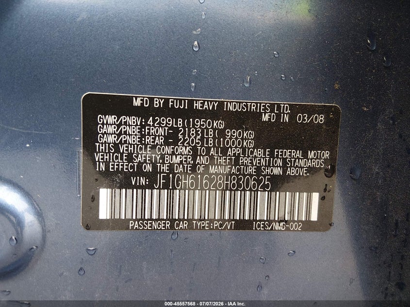 2008 Subaru Impreza VIN JF1GH61628H830625 IAAI salvage auction — SIDE, Salvage (California), sold $400 on 2026-07-29 (photo 9)
