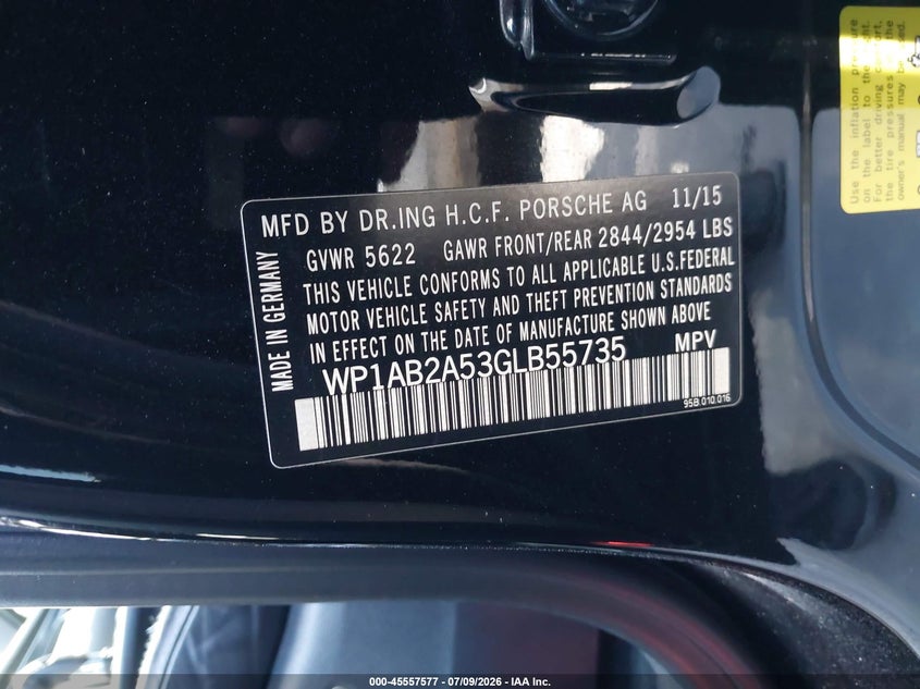 2016 Porsche Macan VIN WP1AB2A53GLB55735 IAAI salvage auction — RIGHT FRONT, Salvage Title, sold $3,050 on 2026-09-04 (photo 9)