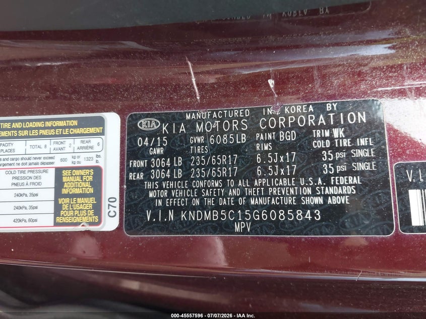 2016 Kia SEDONA VIN KNDMB5C15G6085843 IAAI salvage auction — NORMAL WEAR, Original (Ohio), sold $25 on 2026-07-23 (photo 9)
