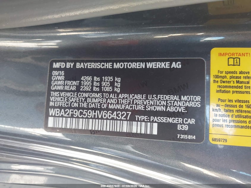 2017 BMW 2er VIN WBA2F9C59HV664327 IAAI salvage auction — REAR END, Salvage Title, sold $4,950 on 2026-07-18 (photo 9)