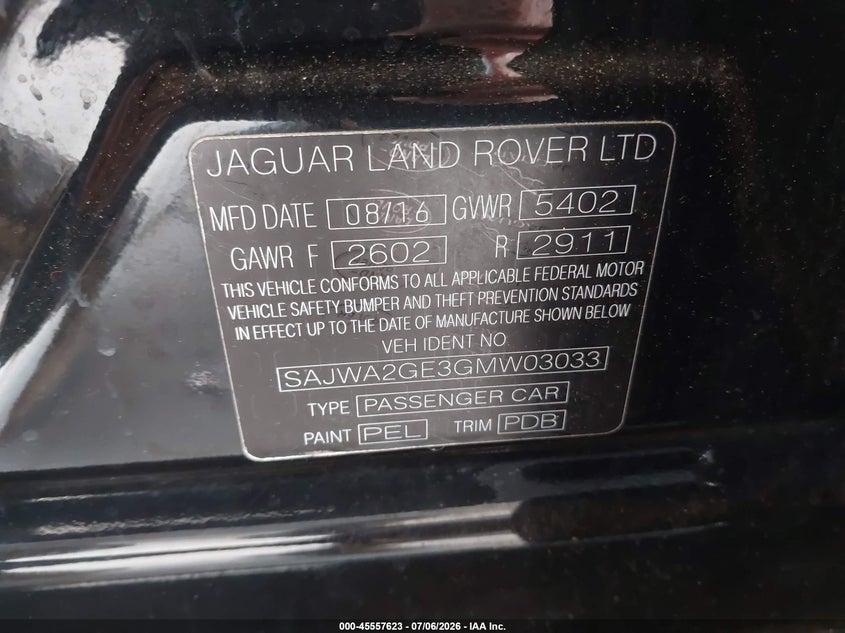 2016 Jaguar Xj VIN SAJWA2GE3GMW03033 IAAI salvage auction — LEFT FRONT, Bill Of Sale (Washington), sold $225 on 2026-07-29 (photo 9)