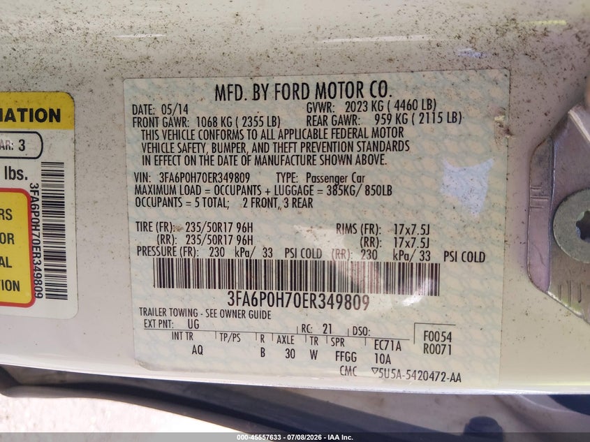 2014 Ford Fusion VIN 3FA6P0H70ER349809 IAAI salvage auction — LEFT REAR, Salvage (Mississippi), sold $625 on 2026-07-25 (photo 9)
