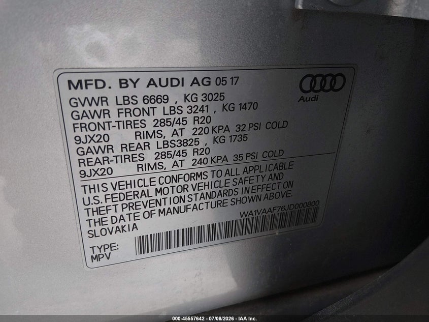 2018 Audi Q7 VIN WA1VAAF76JD000800 IAAI salvage auction — LEFT FRONT, Salvage Title, sold $10,500 on 2026-07-29 (photo 9)