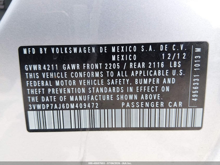 2013 Volkswagen Jetta VIN 3VWDP7AJ6DM409472 IAAI salvage auction — NORMAL WEAR, Clear (Nevada), sold $1,050 on 2026-07-24 (photo 9)
