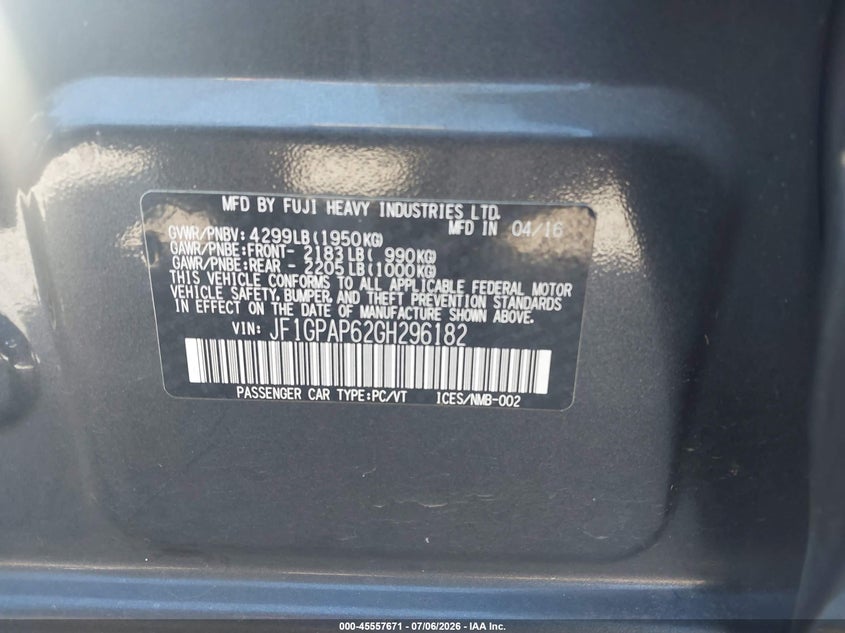 2016 Subaru Impreza VIN JF1GPAP62GH296182 IAAI salvage auction — NORMAL WEAR, Clear - Dealer Only (California), sold $900 on 2026-07-28 (photo 9)