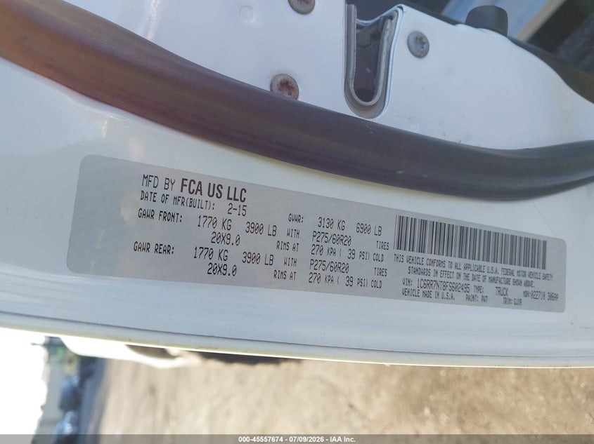 2015 Ram 1500 VIN 1C6RR7NT8FS602495 IAAI salvage auction — SIDE, Salvage Title, sold $5,250 on 2026-07-31 (photo 9)