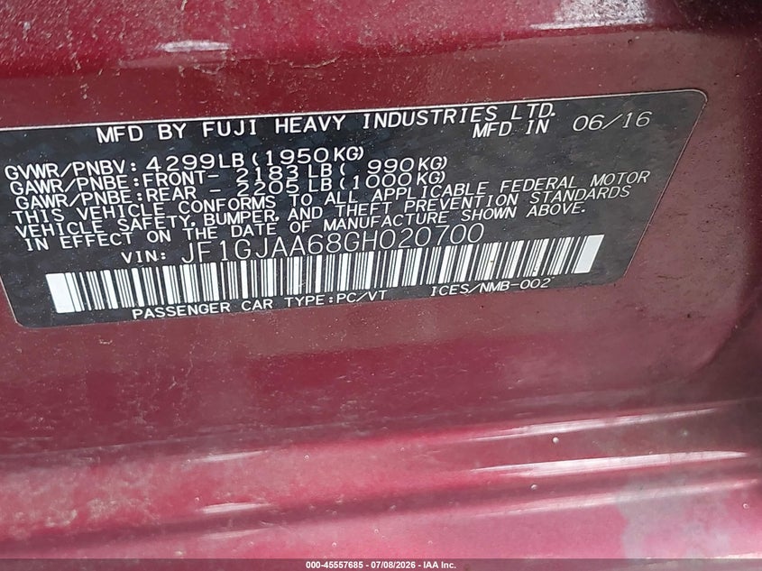 2016 Subaru Impreza VIN JF1GJAA68GH020700 IAAI salvage auction — NORMAL WEAR, Clear (Delaware), sold $1,100 on 2026-07-13 (photo 9)