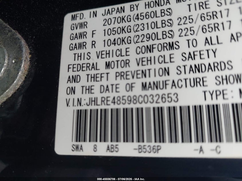 2008 Honda Cr-v VIN JHLRE48598C032653 IAAI salvage auction — NORMAL WEAR, Clear (New York), sold $1,075 on 2026-07-28 (photo 9)