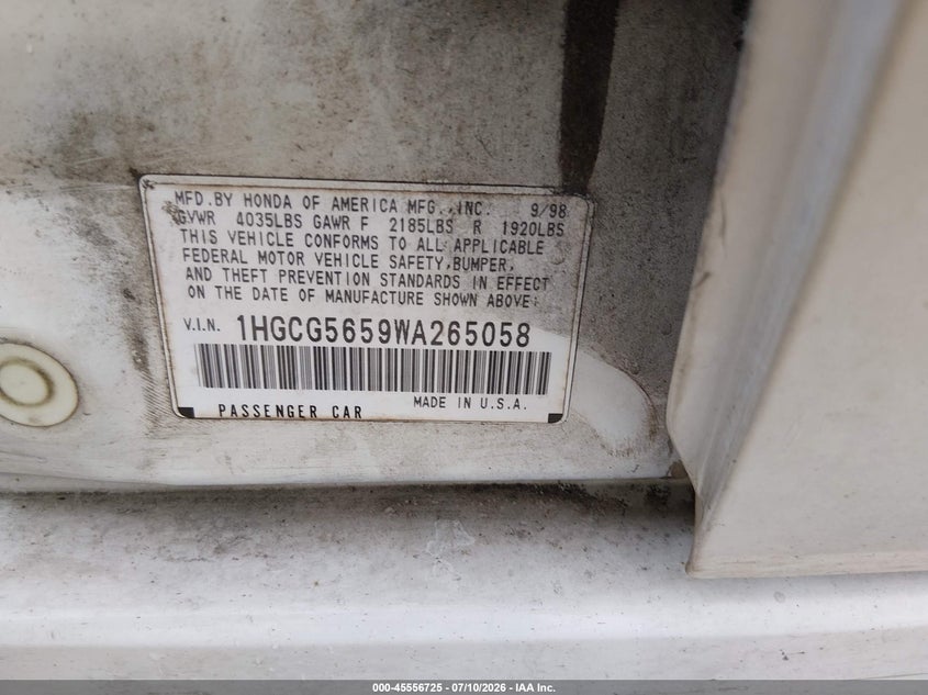 1998 Honda Accord VIN 1HGCG5659WA265058 IAAI salvage auction — FRONT & REAR, Clear (Tennessee), sold $275 on 2026-08-08 (photo 9)
