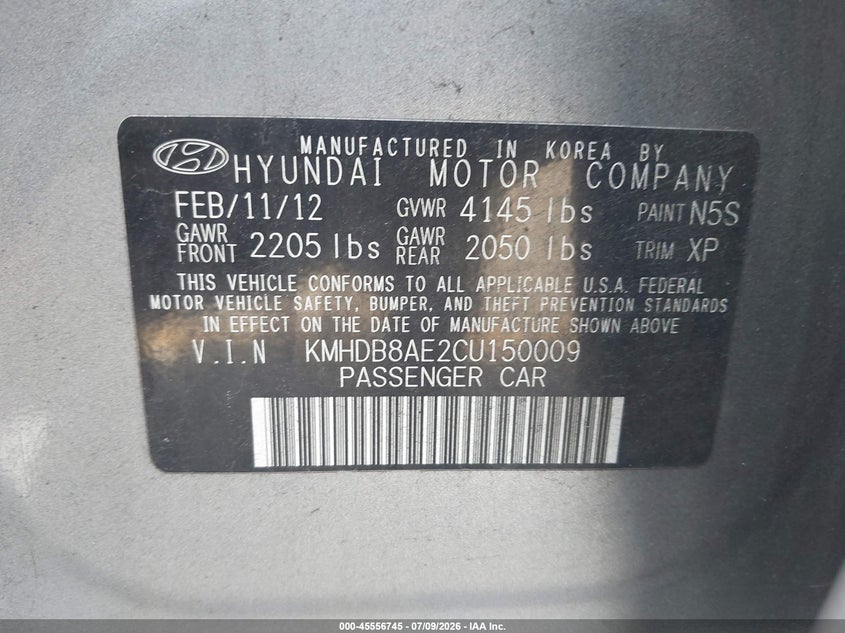2012 Hyundai Elantra VIN KMHDB8AE2CU150009 IAAI salvage auction — REAR END, Rebuildable (Florida), sold $500 on 2026-07-26 (photo 9)