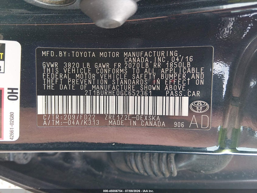 2016 Toyota Corolla VIN 2T1BURHE0GC652361 IAAI salvage auction — SIDE, Salvage (North Carolina), sold $1,450 on 2026-07-28 (photo 9)