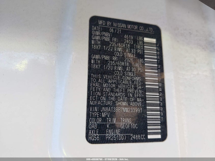 2021 Nissan Rogue VIN JN8AT3BB7MW233991 IAAI salvage auction — FRONT END, Salvage Title, sold $6,100 on 2026-07-28 (photo 9)