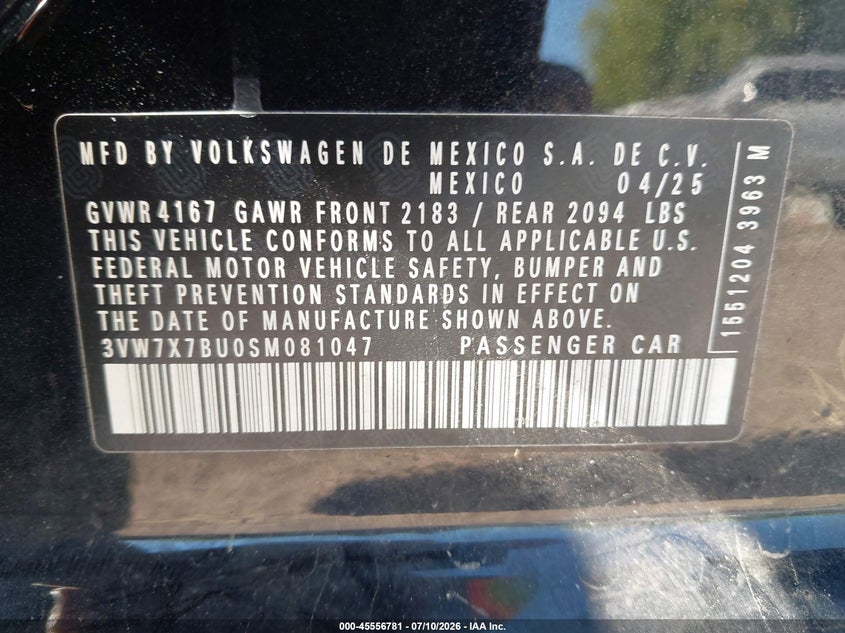 2025 Volkswagen Jetta VIN 3VW7X7BU0SM081047 IAAI salvage auction — FRONT END, Salvage Title, sold $9,200 on 2026-08-19 (photo 9)