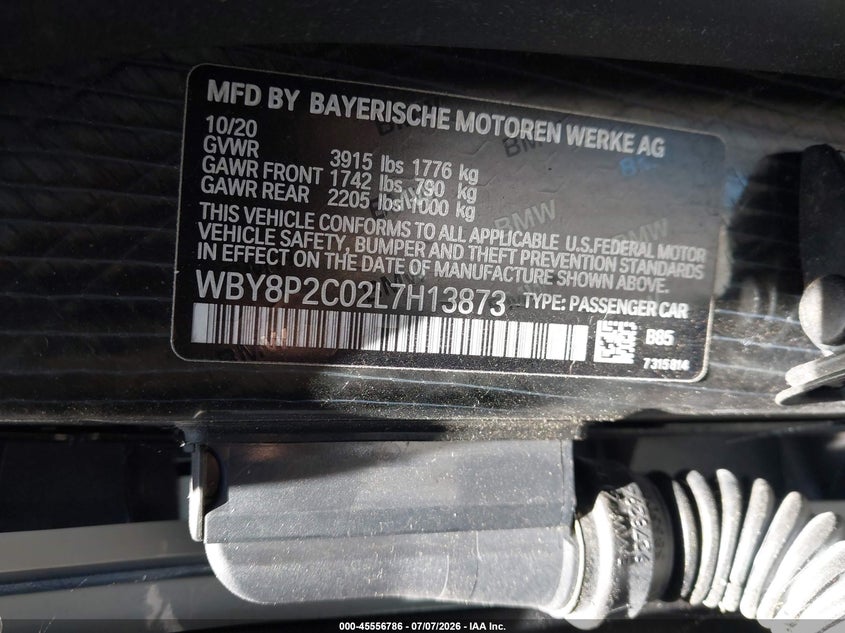 2020 BMW I3 VIN WBY8P2C02L7H13873 IAAI salvage auction — FRONT END, Salvage (California), sold $2,550 on 2026-08-02 (photo 9)