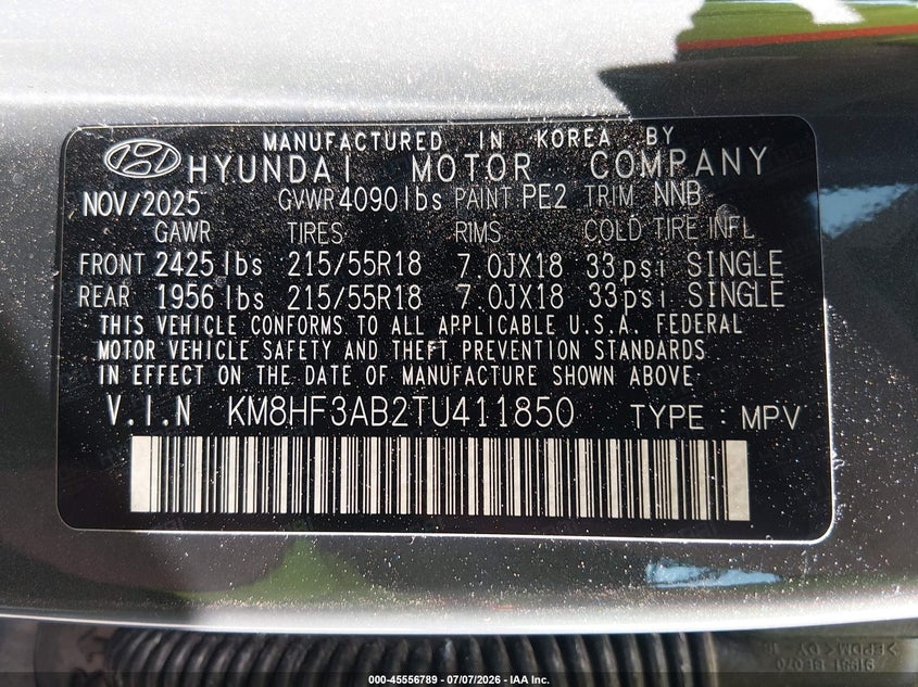 2026 Hyundai Kona VIN KM8HF3AB2TU411850 IAAI salvage auction — REAR END, Enterprise Vehicles Clear Only (Arizona), sold $8,150 on 2026-07-29 (photo 9)