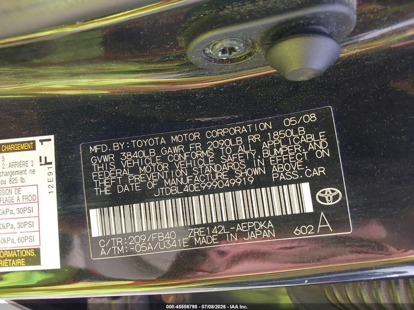 2009 Toyota Corolla VIN JTDBL40E999049919 IAAI salvage auction — NORMAL WEAR, Original (Ohio), sold $925 on 2026-07-16 (photo 9)
