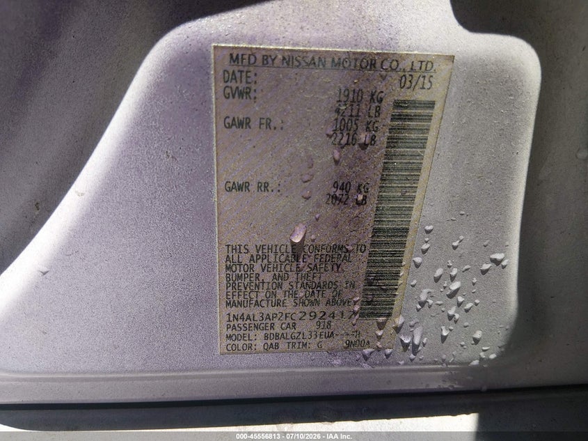 2015 Nissan Altima VIN 1N4AL3AP2FC292417 IAAI salvage auction — NORMAL WEAR, Clear (Mississippi), sold $1,250 on 2026-08-03 (photo 9)