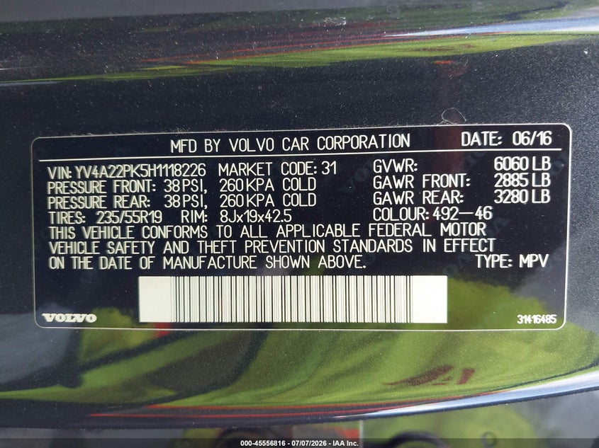 2017 Volvo Xc90 VIN YV4A22PK5H1118226 IAAI salvage auction — REAR END, Bill Of Sale (Washington), sold $1,900 on 2026-07-29 (photo 9)