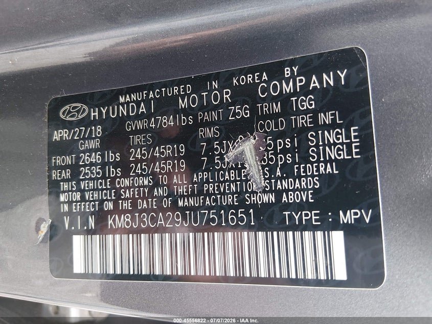 2018 Hyundai Tucson VIN KM8J3CA29JU751651 IAAI salvage auction — NORMAL WEAR, Clear (Montana), sold $950 on 2026-07-30 (photo 9)